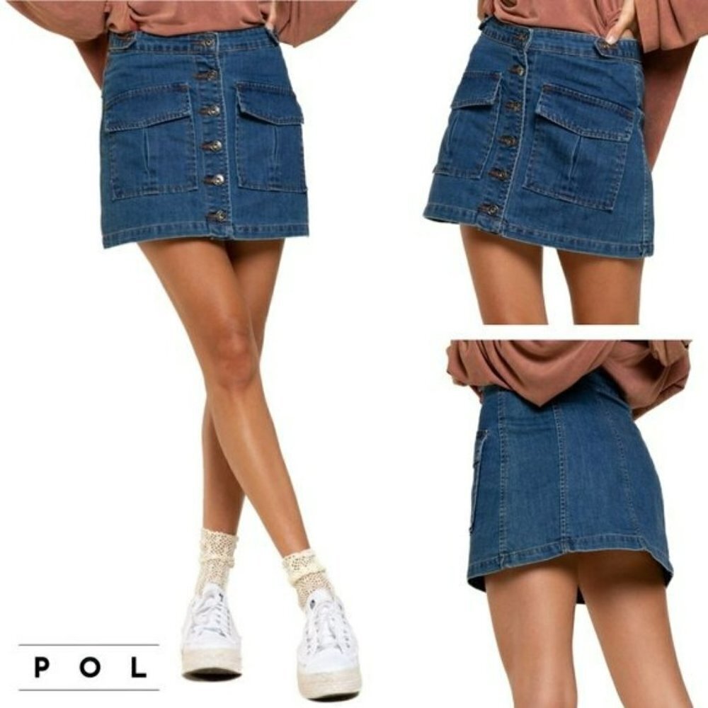 NWT POL Button Front Two Flap Pockets Denim Mini Jean Skirt